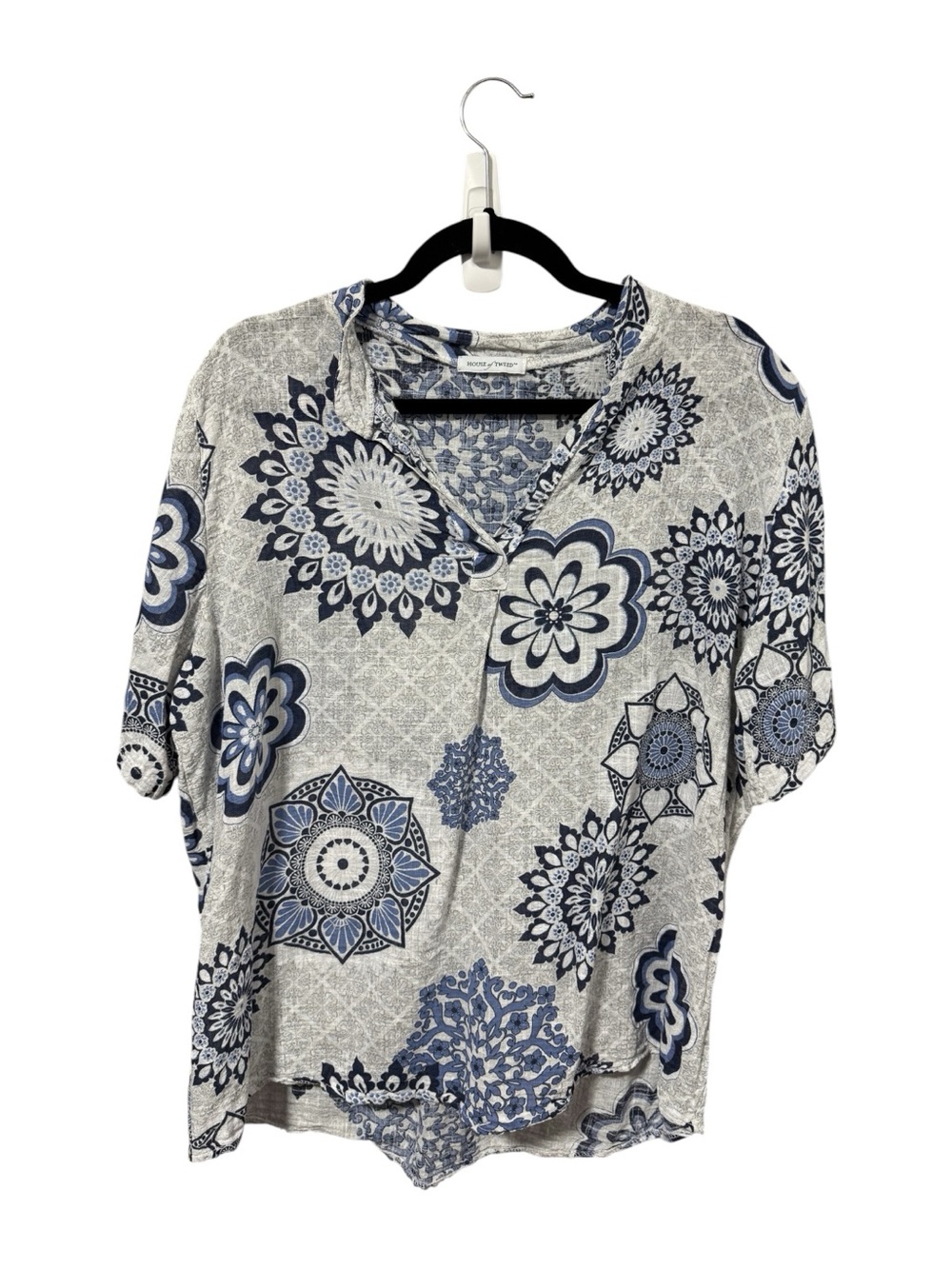 Blue & White Floral Medallion Print Tunic Top